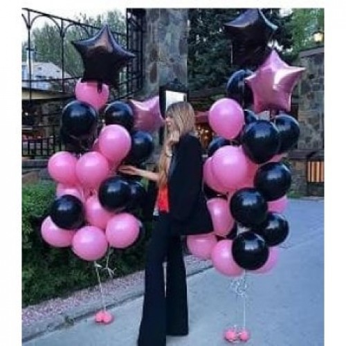 Букет шаров чёрные - розовые со звёздами "Infiniti"